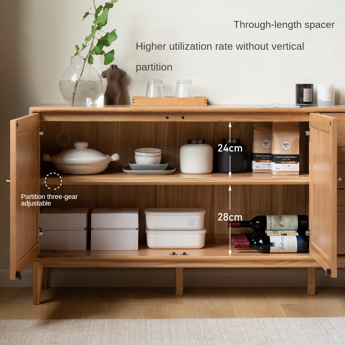 Oak Solid Wood, Solid Rubberwood Classic Sideboard