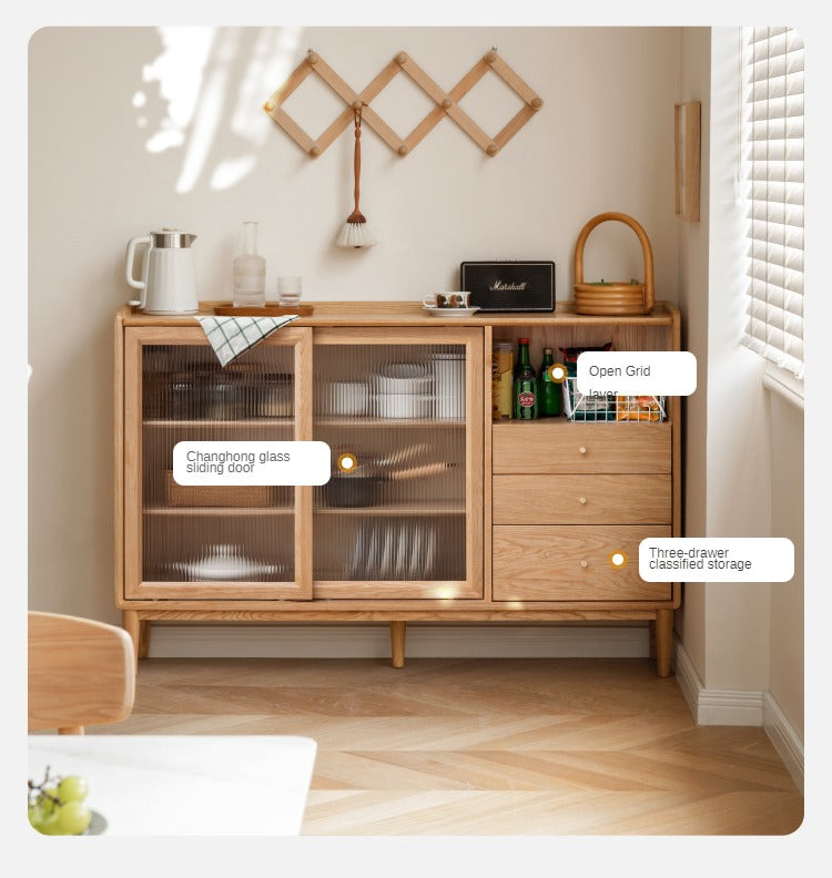 Oak, Ash, Black Walnut, Cherry, Beech Solid Wood, Solid RubberWood Ultra-thin Sideboard Sliding Door
