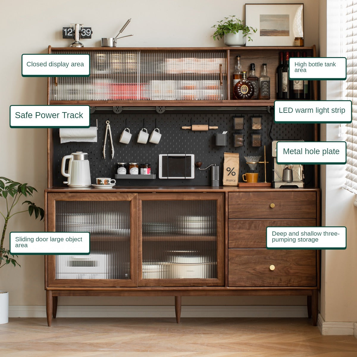 Black Walnut Solid Woof Sideboard Integrated High Cabinet Glass