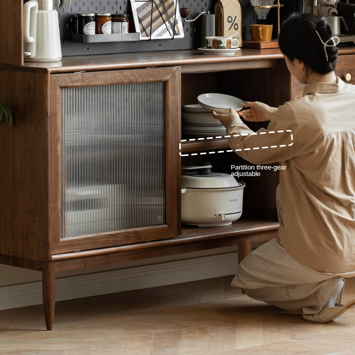 Black Walnut Solid Woof Sideboard Integrated High Cabinet Glass