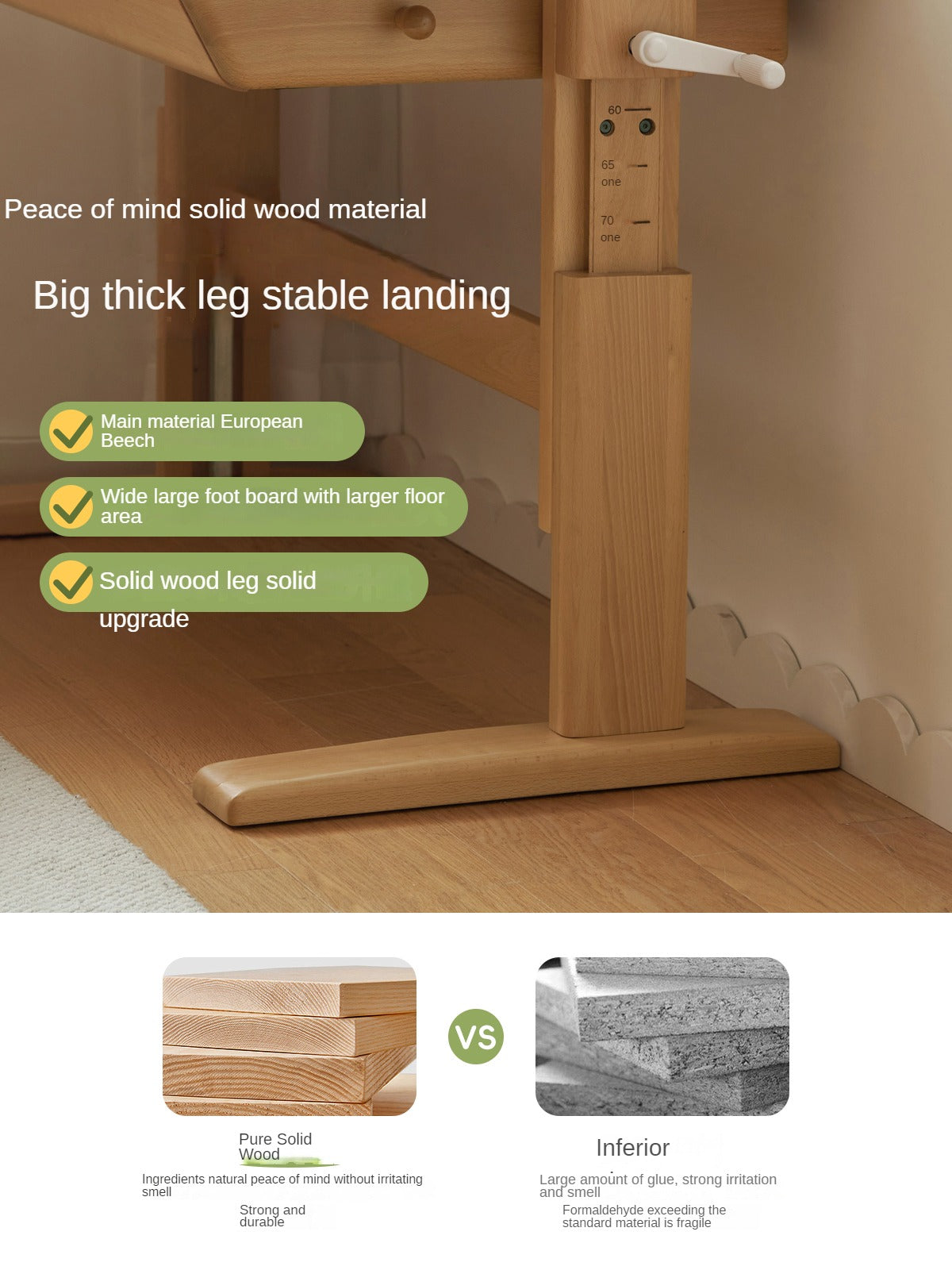 Beech Solid Wood Lifting Kids Table With Self/Chair/High Shelf