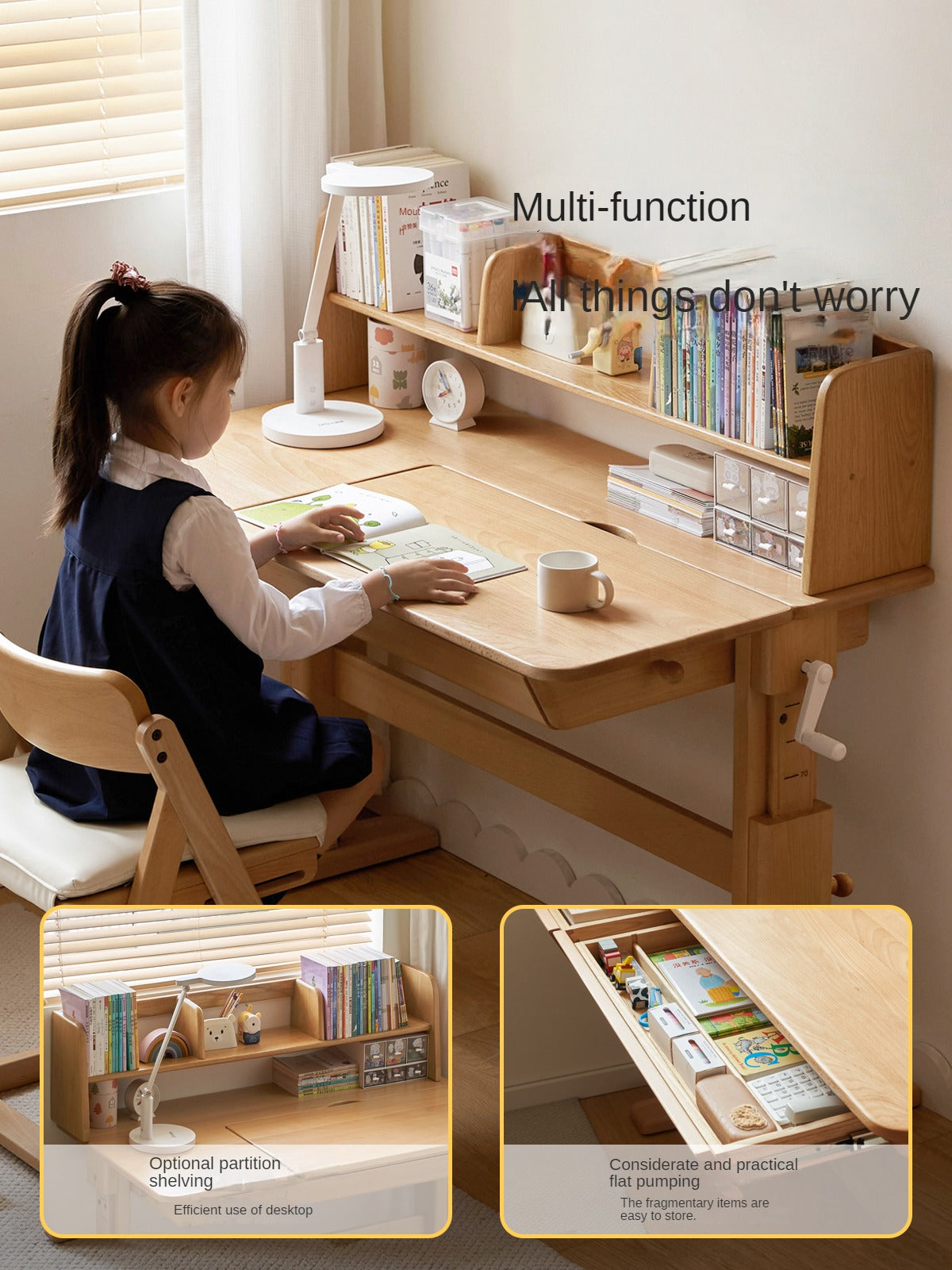 Beech Solid Wood Lifting Kids Table With Self/Chair/High Shelf