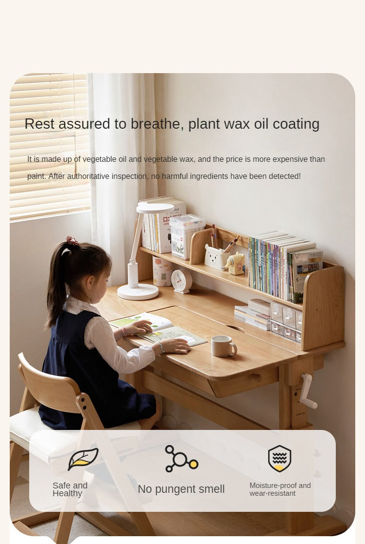 Beech Solid Wood Lifting Kids Table With Self/Chair/High Shelf