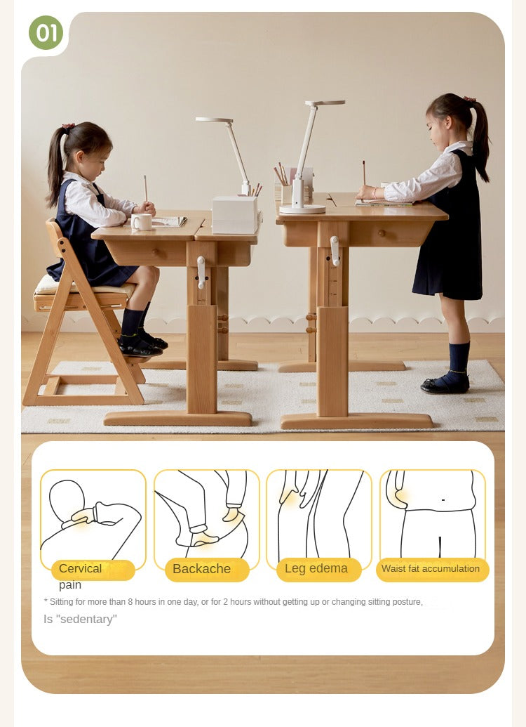 Beech Solid Wood Lifting Kids Table With Self/Chair/High Shelf
