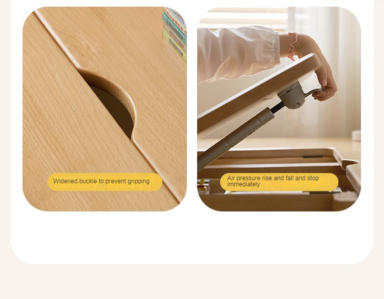 Beech Solid Wood Lifting Kids Table With Self/Chair/High Shelf