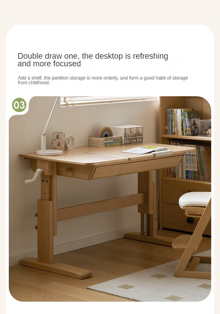 Beech Solid Wood Lifting Kids Table With Self/Chair/High Shelf