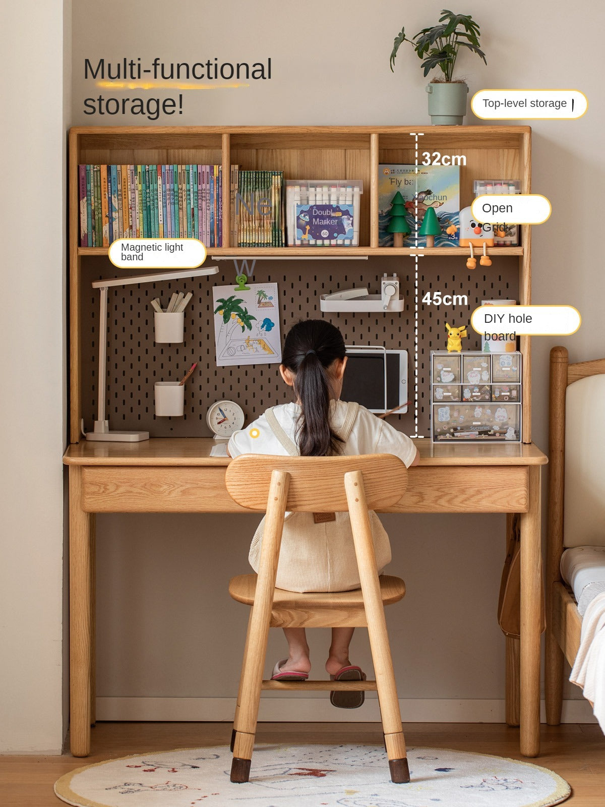 Oak, Beech Solid Wood Children's Ctudy Desk Bookshelf Integrated