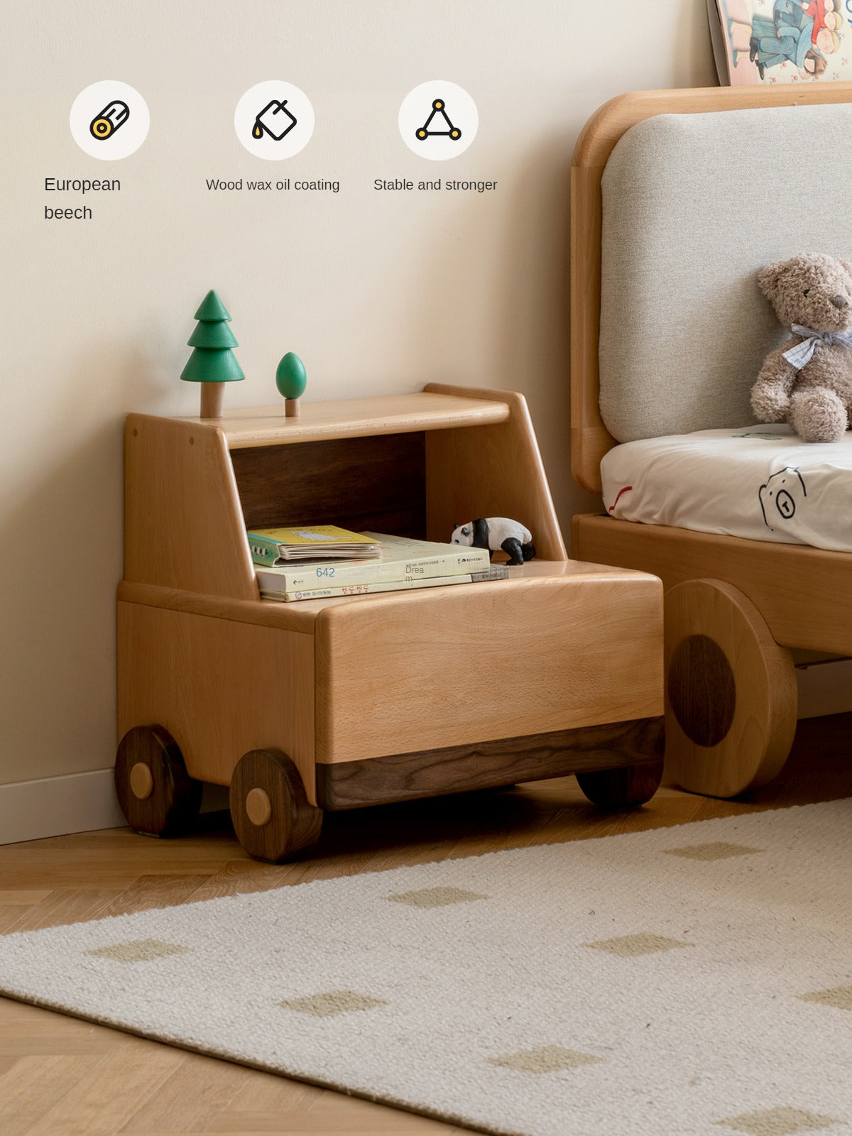 Beech Solid Wood Nightstand Car Cartoon