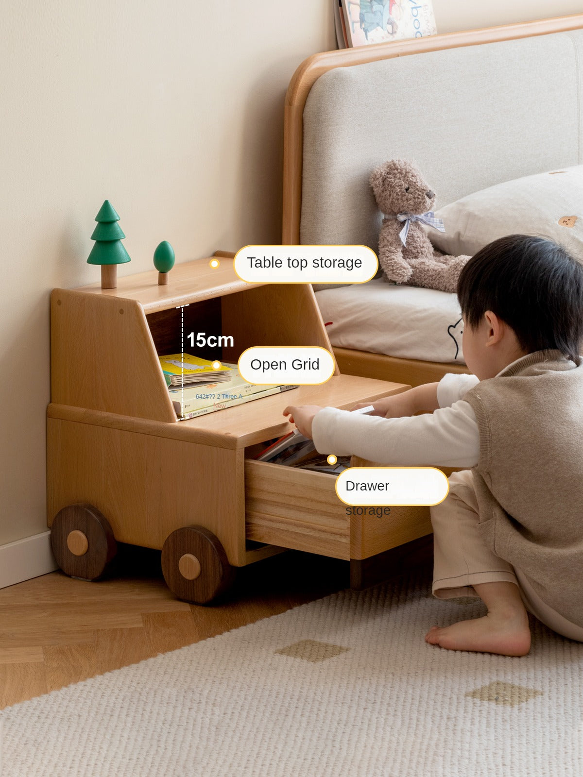 Beech Solid Wood Nightstand Car Cartoon
