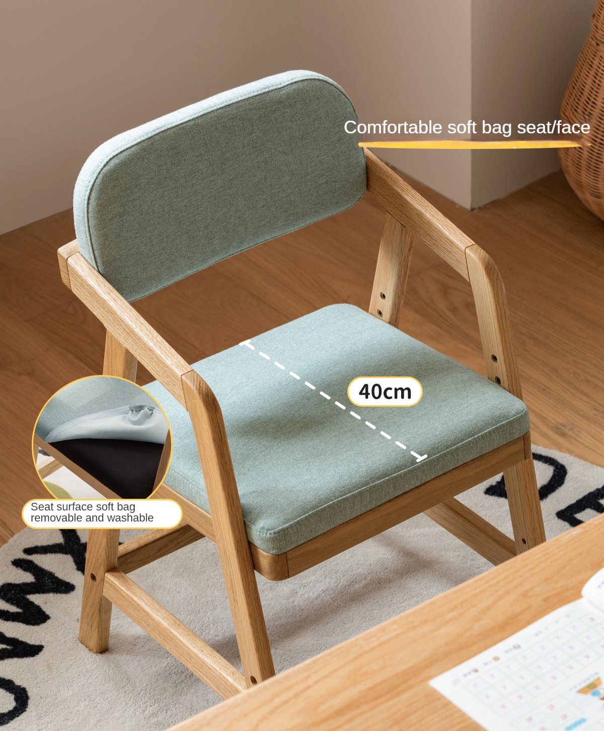 Oak Solid Wood Adjustable Height Kids Soft Chair.