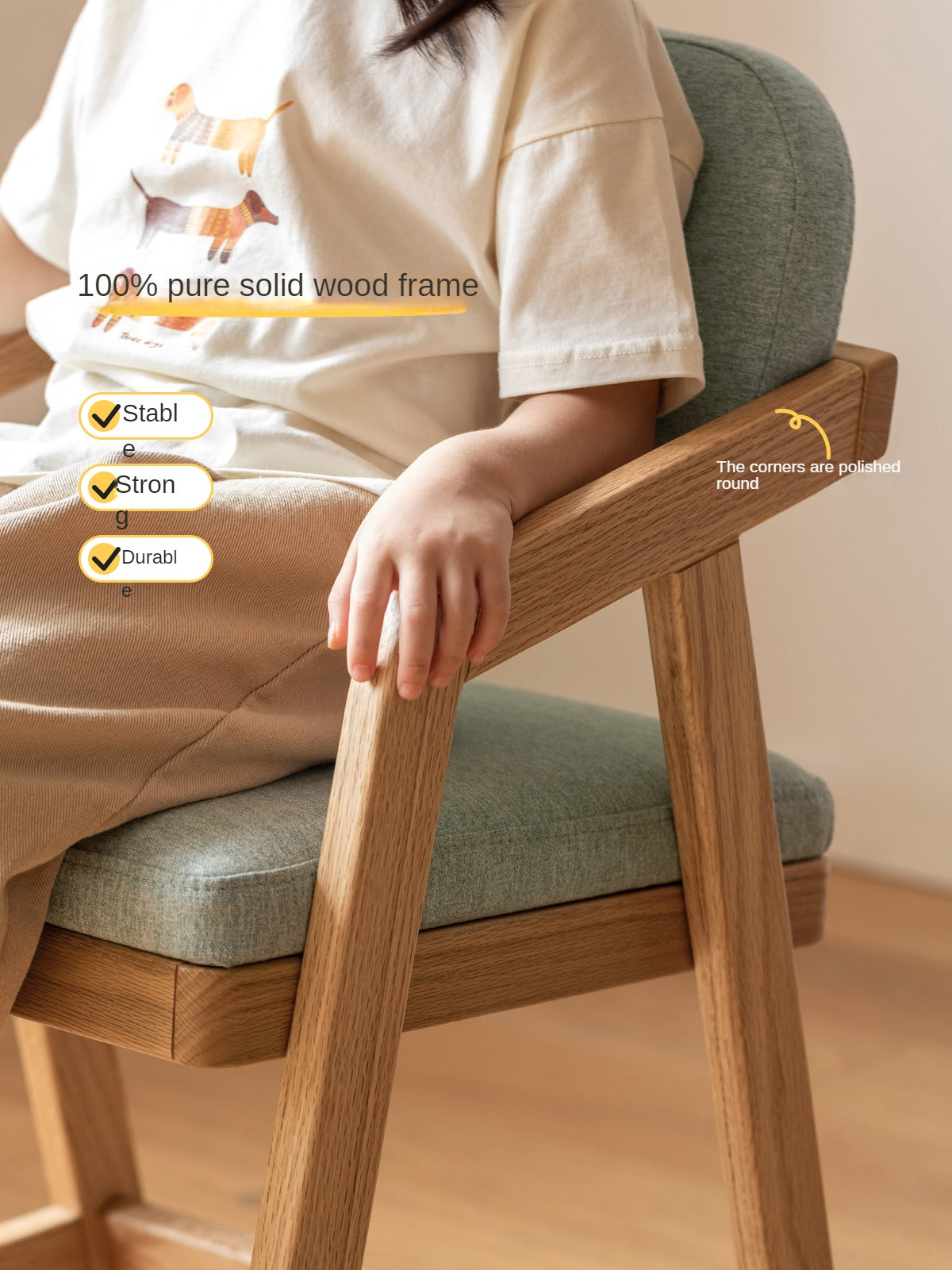 Oak Solid Wood Adjustable Height Kids Soft Chair.
