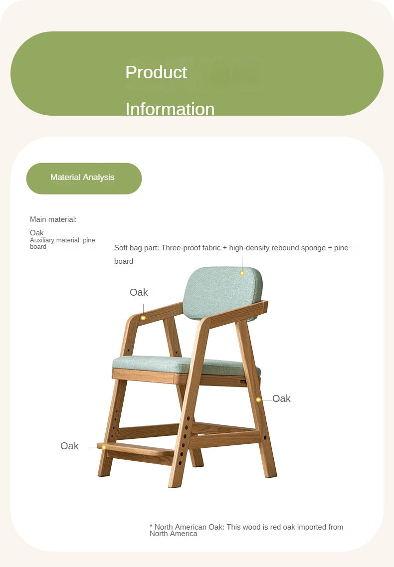 Oak Solid Wood Adjustable Height Kids Soft Chair.