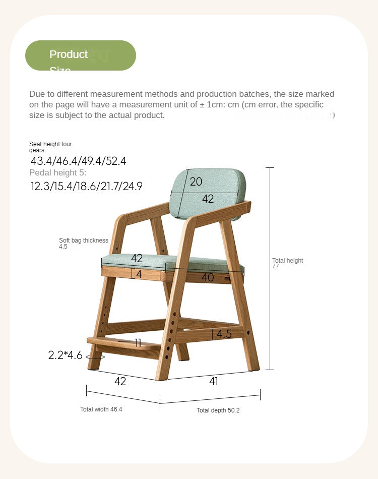 Oak Solid Wood Adjustable Height Kids Soft Chair.