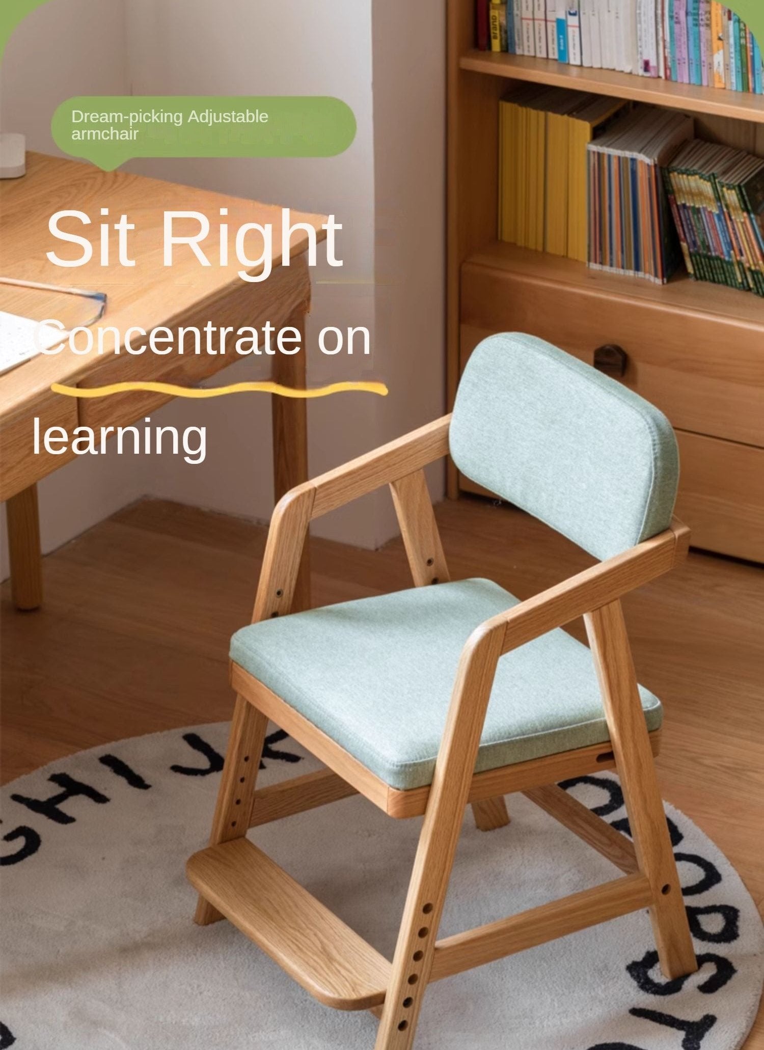 Oak Solid Wood Adjustable Height Kids Soft Chair.