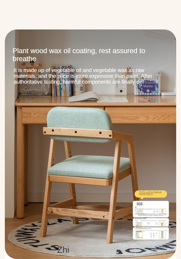 Oak Solid Wood Adjustable Height Kids Soft Chair.
