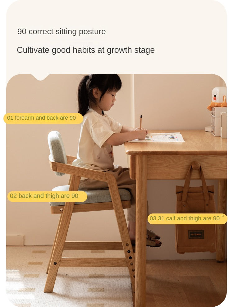 Oak Solid Wood Adjustable Height Kids Soft Chair.