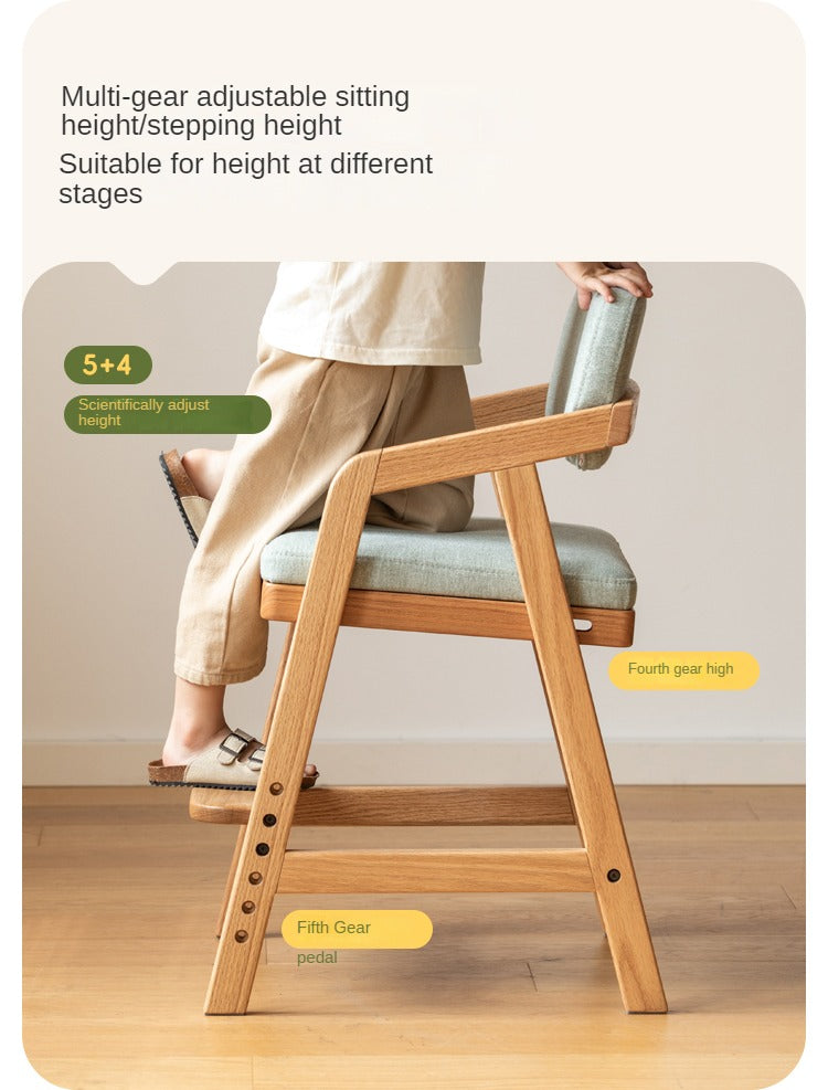 Oak Solid Wood Adjustable Height Kids Soft Chair.