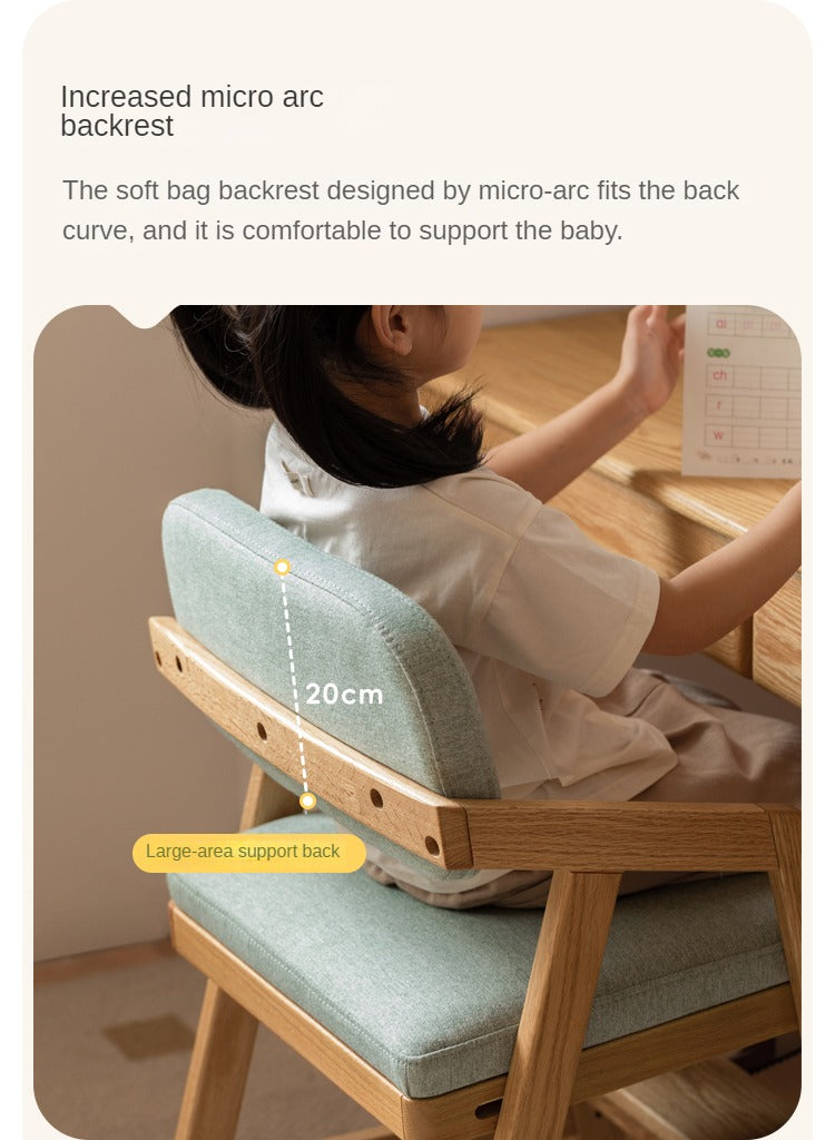 Oak Solid Wood Adjustable Height Kids Soft Chair.