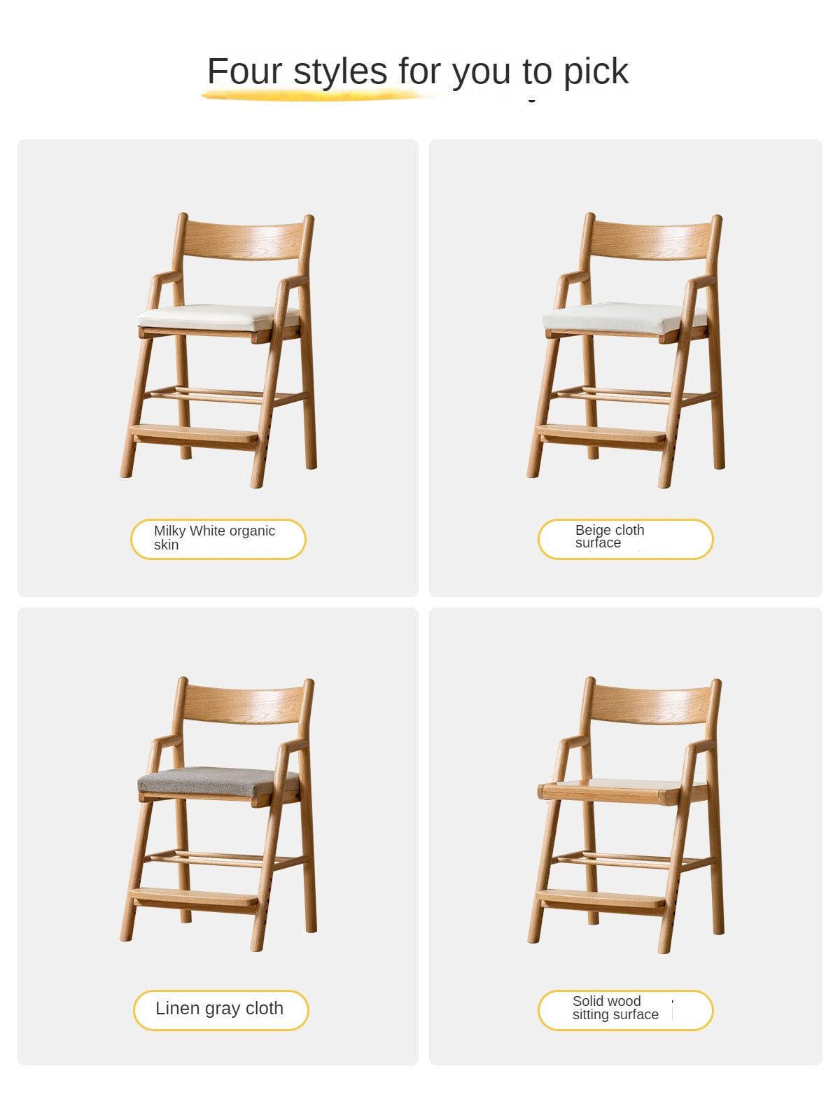 Oak Solid Wood Kids Chair Height-Adjustable.