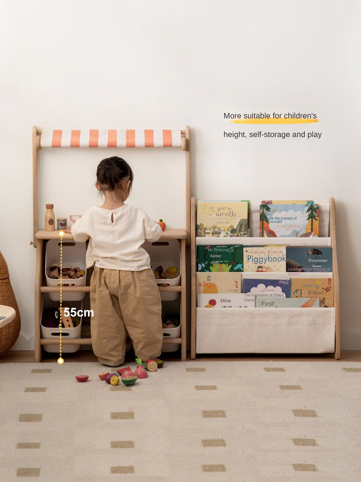 Poplar Solid Wood Kids Book, Toy Combination Storage Rack