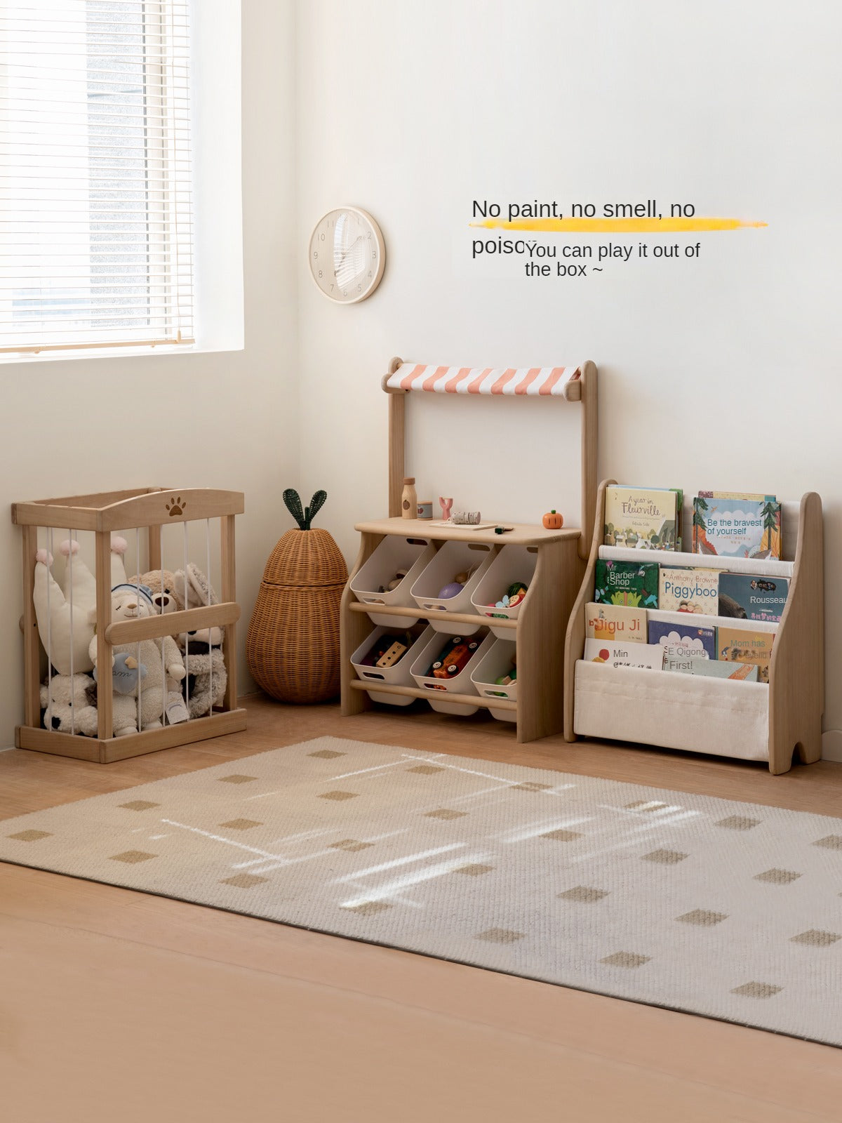 Poplar Solid Wood Kids Book, Toy Combination Storage Rack