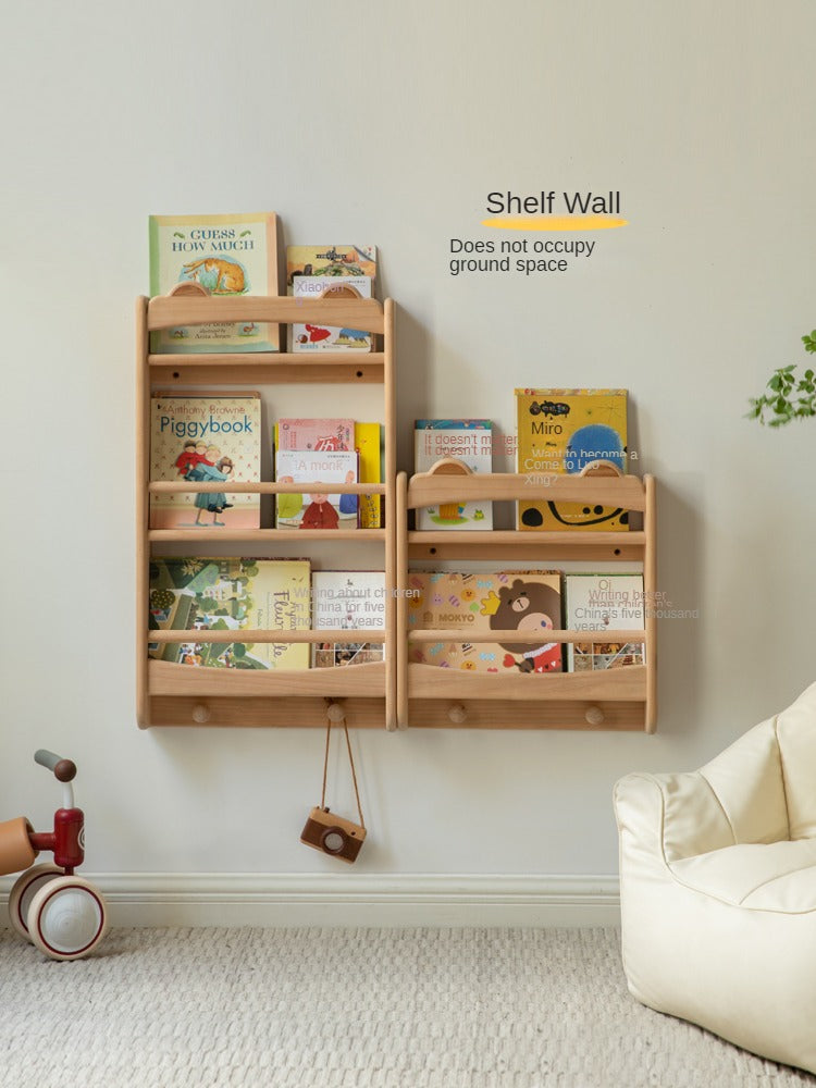 Beech Solid Wood Cute Bear Wall-Mounted Bookshelf Display Shelf