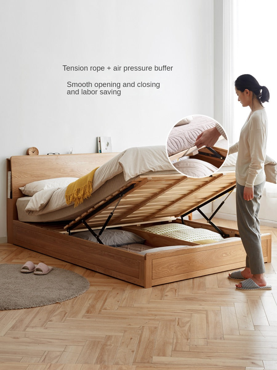 Oak Solid Wood Box Bed with Light And Bookshelf