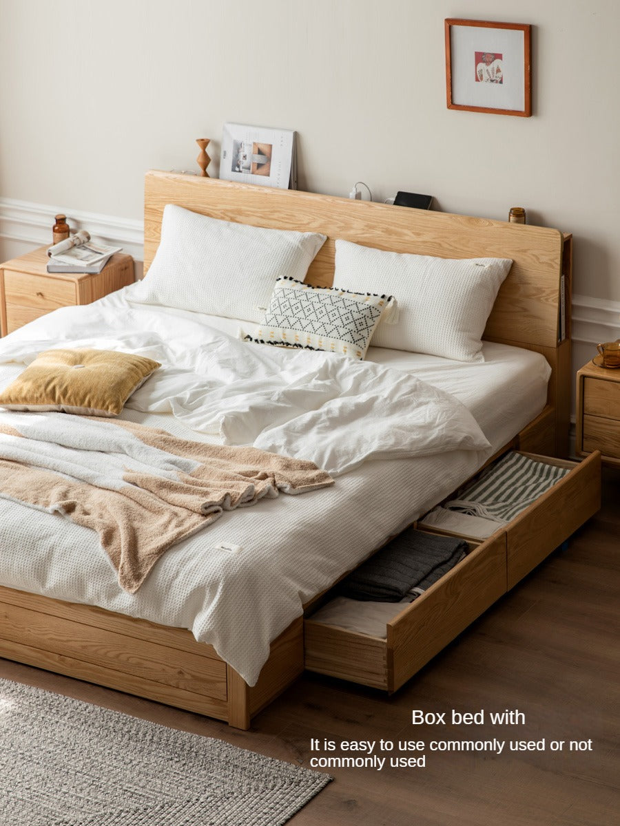 Oak Solid Wood Box Bed with Light And Bookshelf