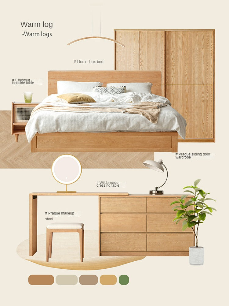 Oak Solid Wood Box Bed with Light And Bookshelf