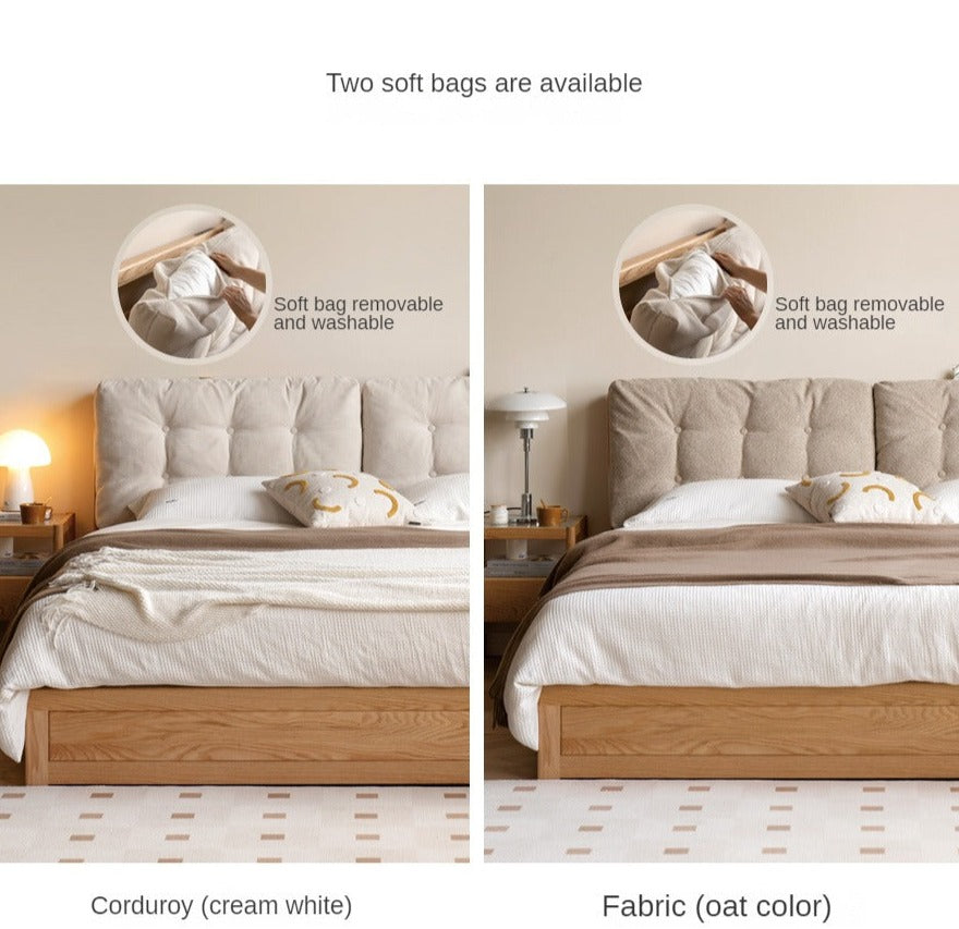 Oak Solid Wood Fabric Box Bed Cream Style