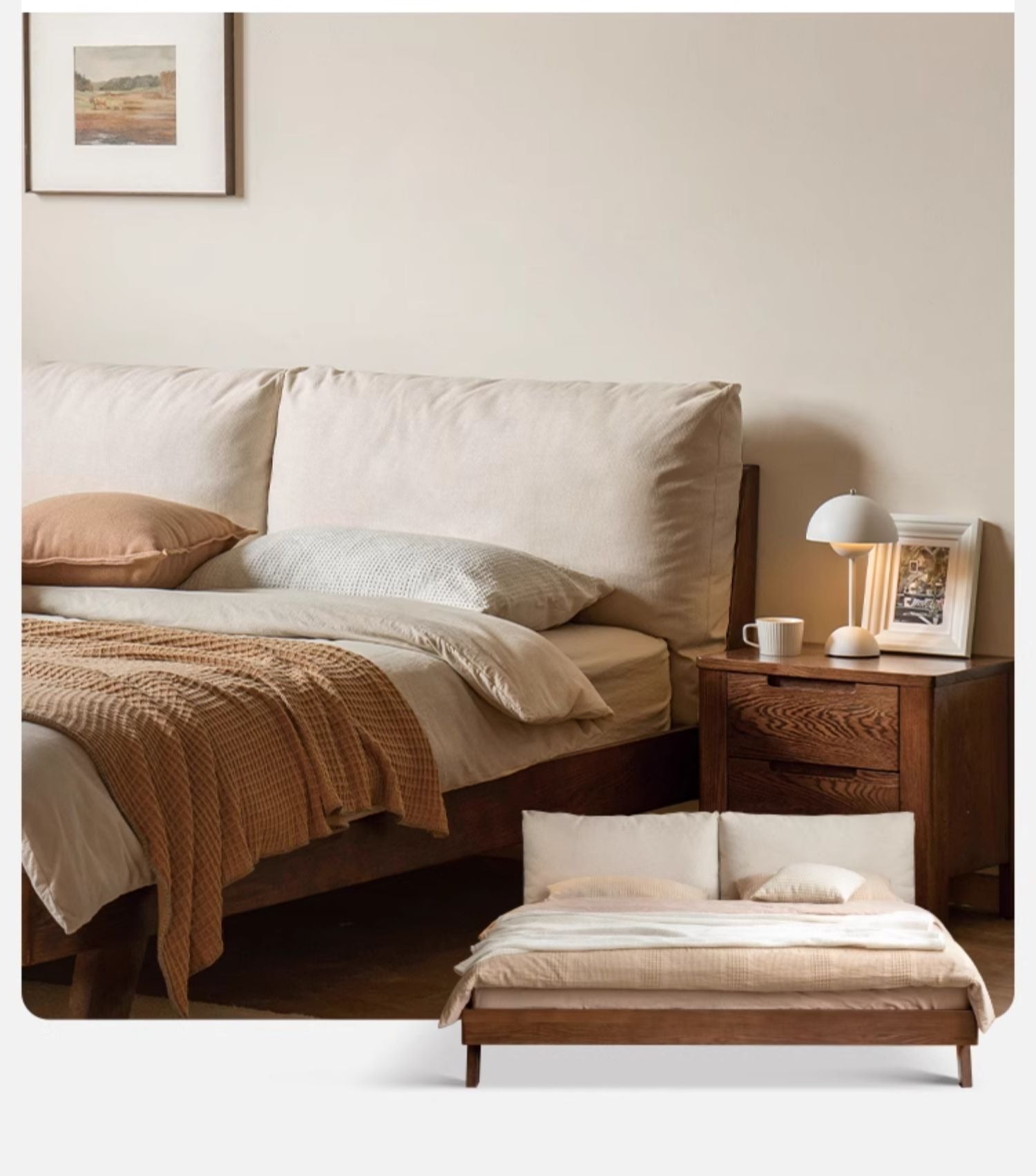 Oak Solid Wood with Fabric Upholstery Bed