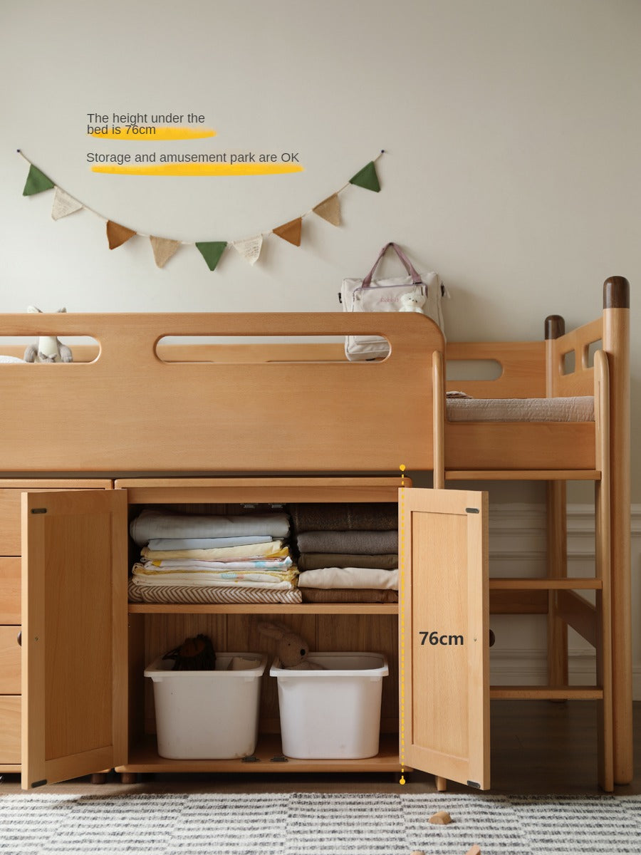 Beech Nordic Children's Solid Wood Loft Bed, Modern Minimalist Multifunctional Combination Bed with Table
