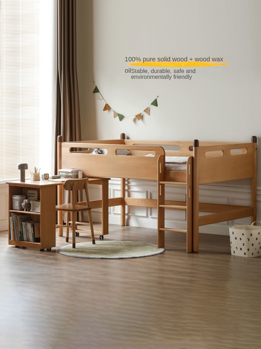 Beech Nordic Children's Solid Wood Loft Bed, Modern Minimalist Multifunctional Combination Bed with Table