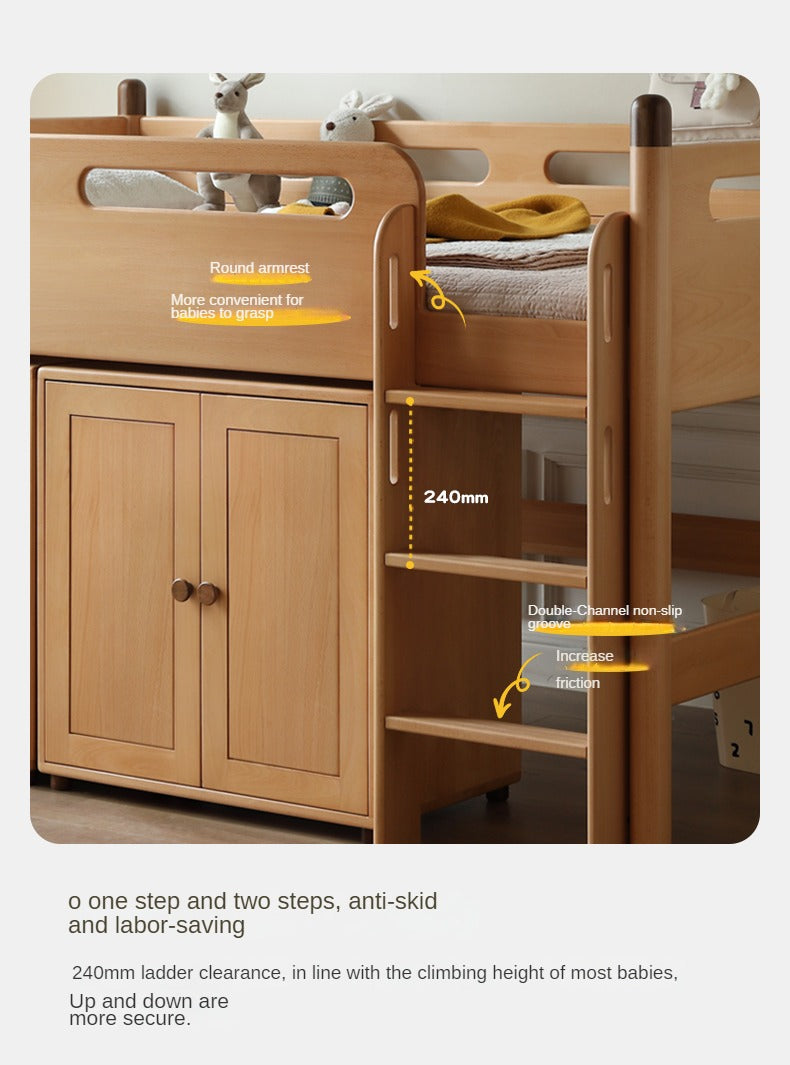 Beech Nordic Children's Solid Wood Loft Bed, Modern Minimalist Multifunctional Combination Bed with Table