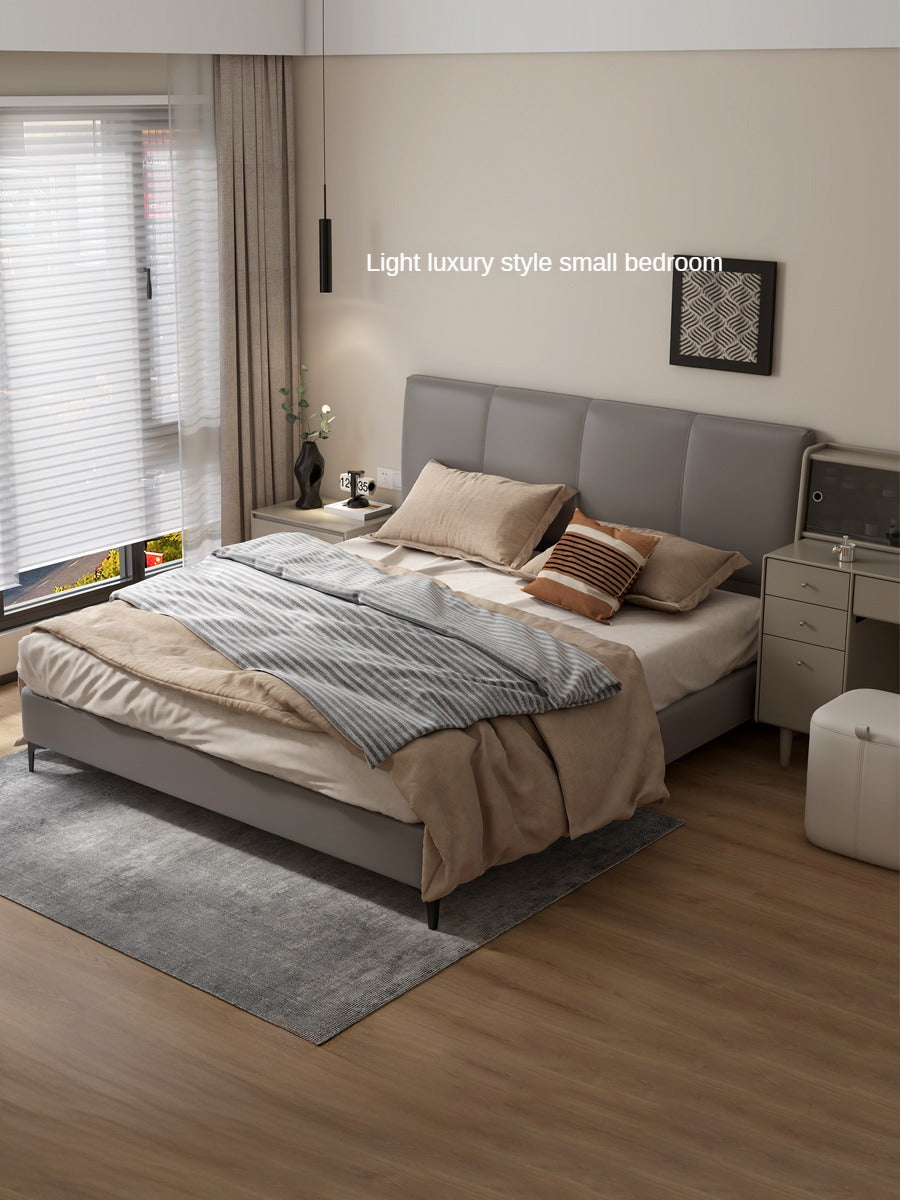 Genuine Leather Cowhide Bed Light Luxury Style Bedroom Complete Set of Furniture.