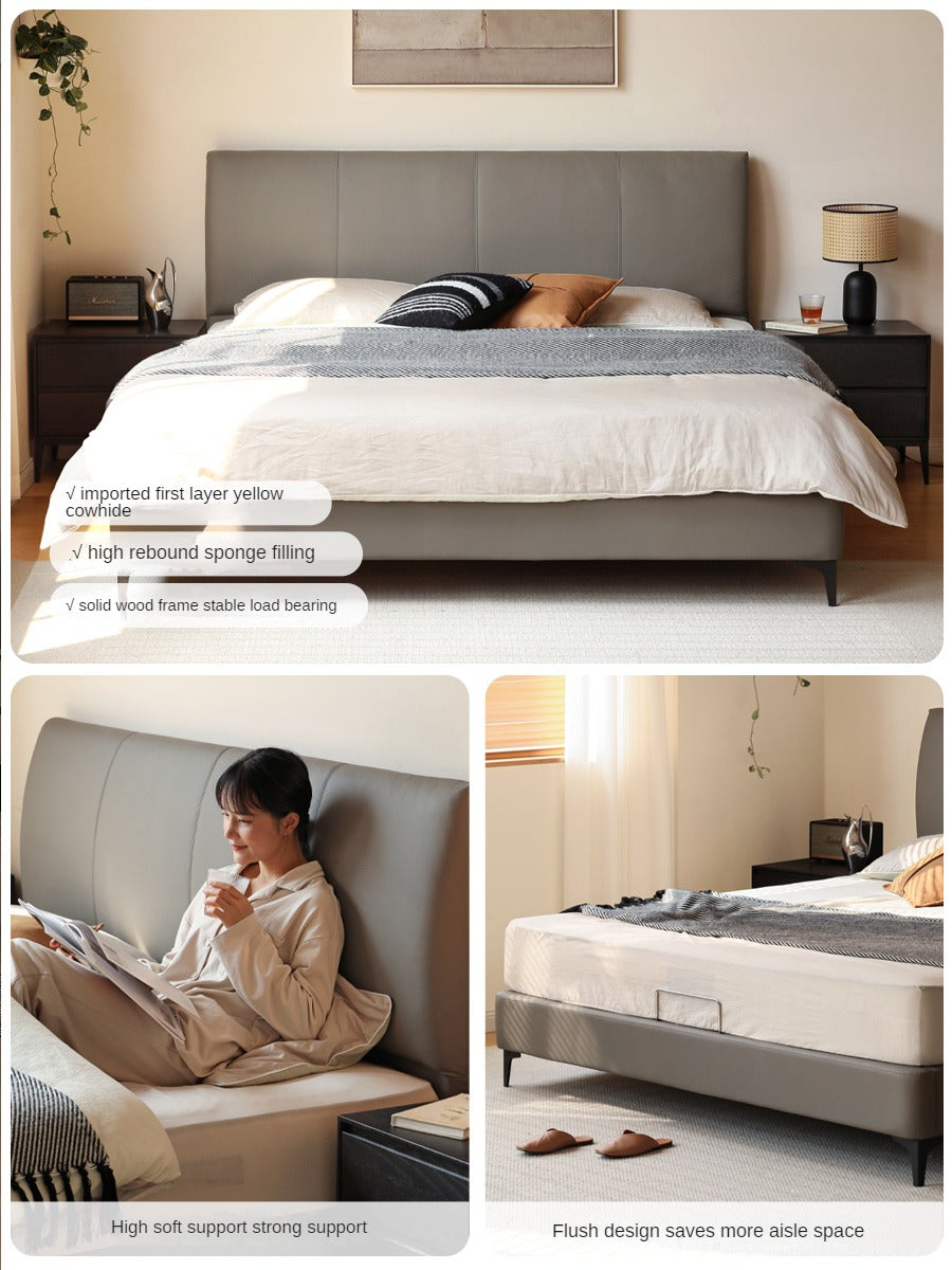 Genuine Leather Cowhide Bed Light Luxury Style Bedroom Complete Set of Furniture.