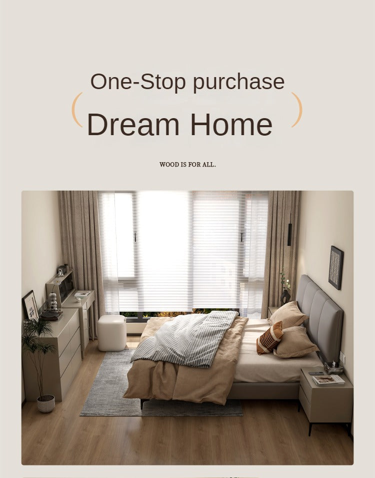 Genuine Leather Cowhide Bed Light Luxury Style Bedroom Complete Set of Furniture.