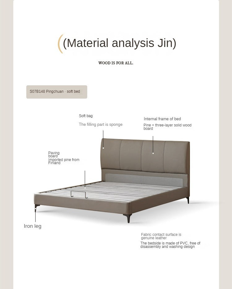 Genuine Leather Cowhide Bed Light Luxury Style Bedroom Complete Set of Furniture.
