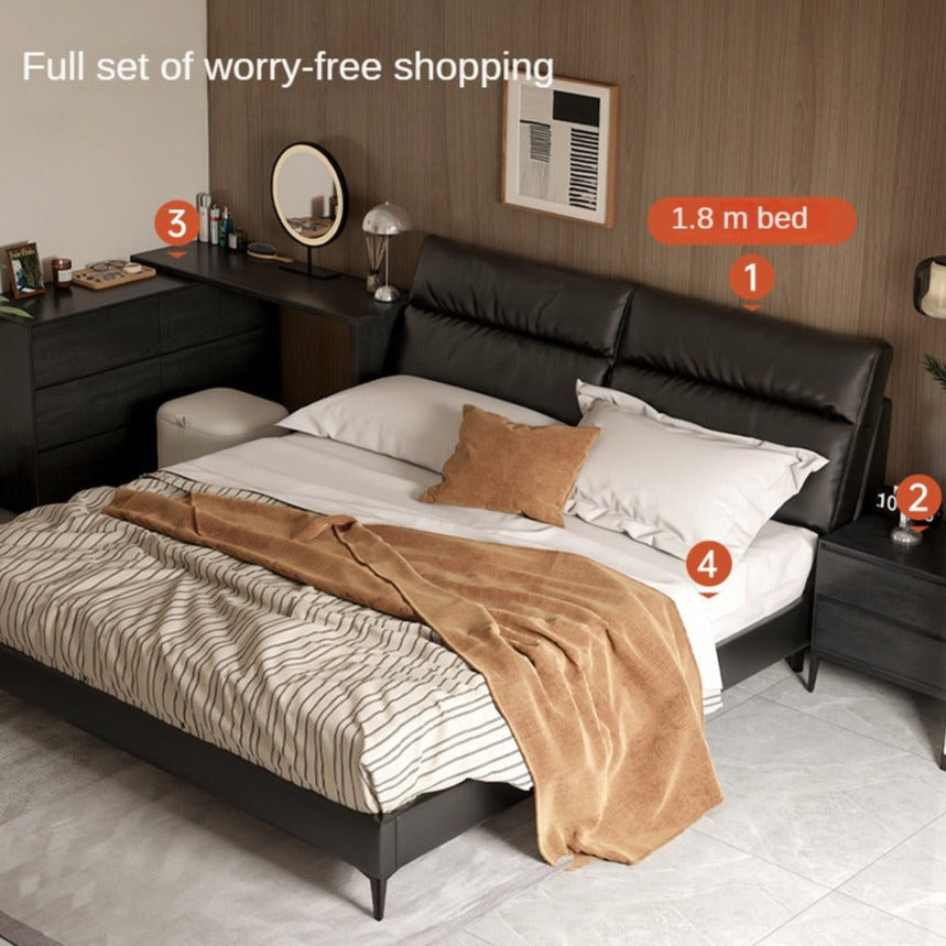 Genuine leather cowhide bed bedroom complete furniture light luxury style black.