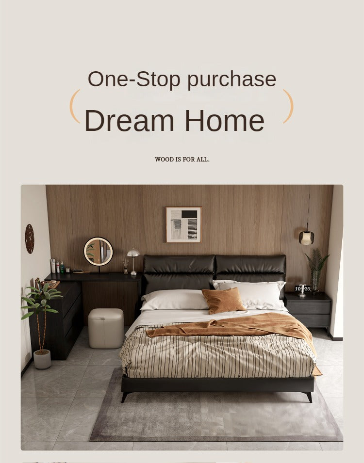 Genuine leather cowhide bed bedroom complete furniture light luxury style black.