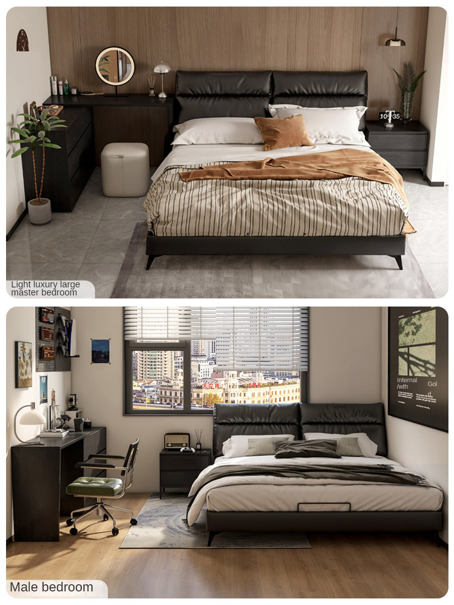 Genuine leather cowhide bed bedroom complete furniture light luxury style black.
