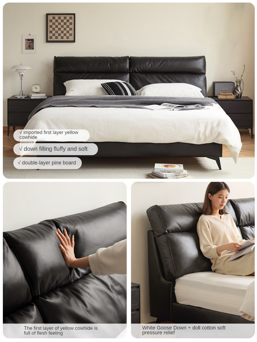 Genuine leather cowhide bed bedroom complete furniture light luxury style black.