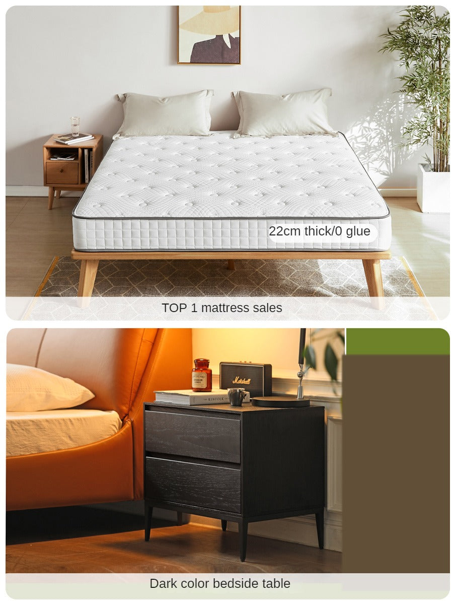 Genuine leather cowhide bed bedroom complete furniture light luxury style black.
