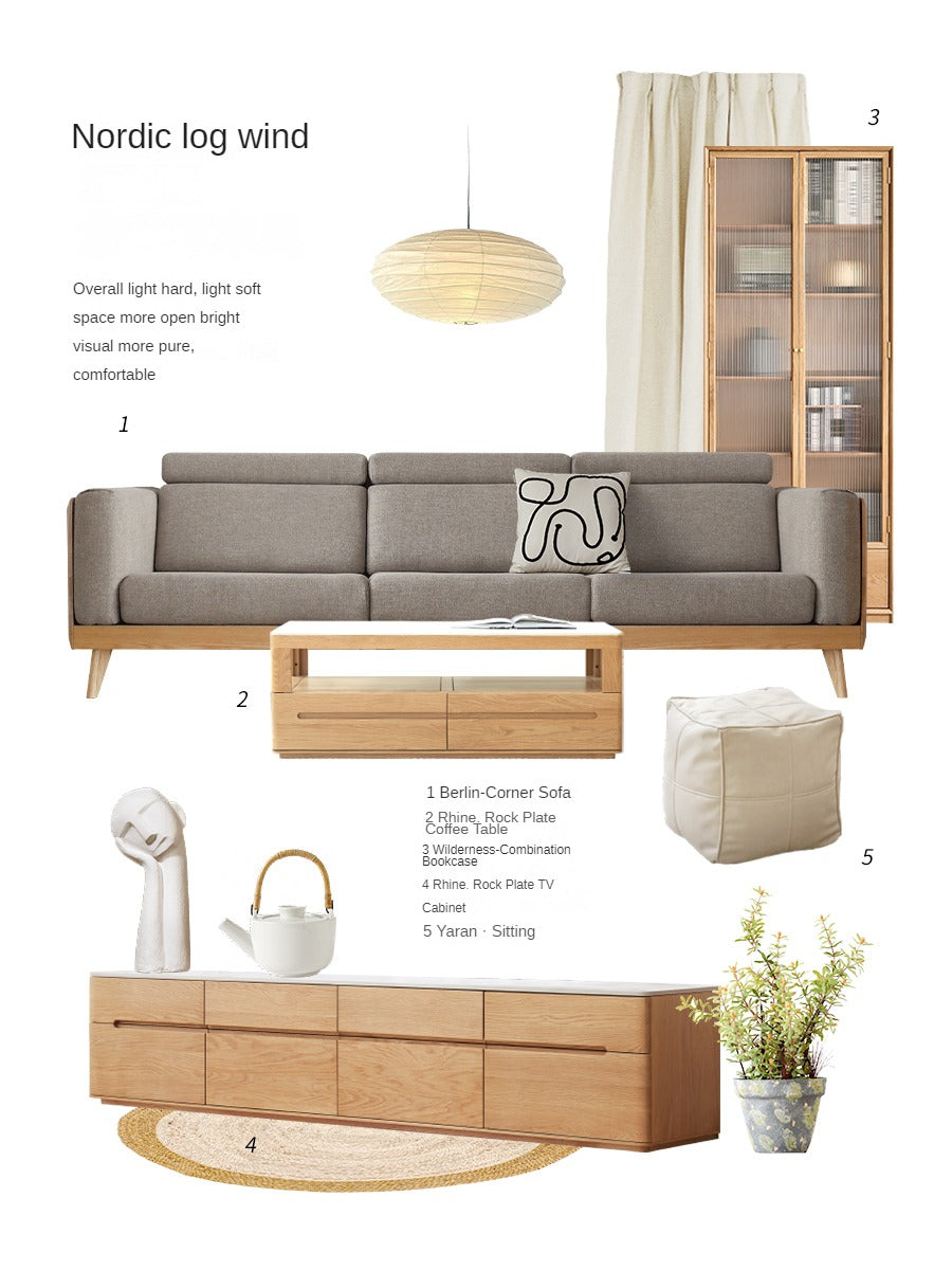 Oak Solid Wood Nordic Style Bookshelf with Floor Storage Cabinet