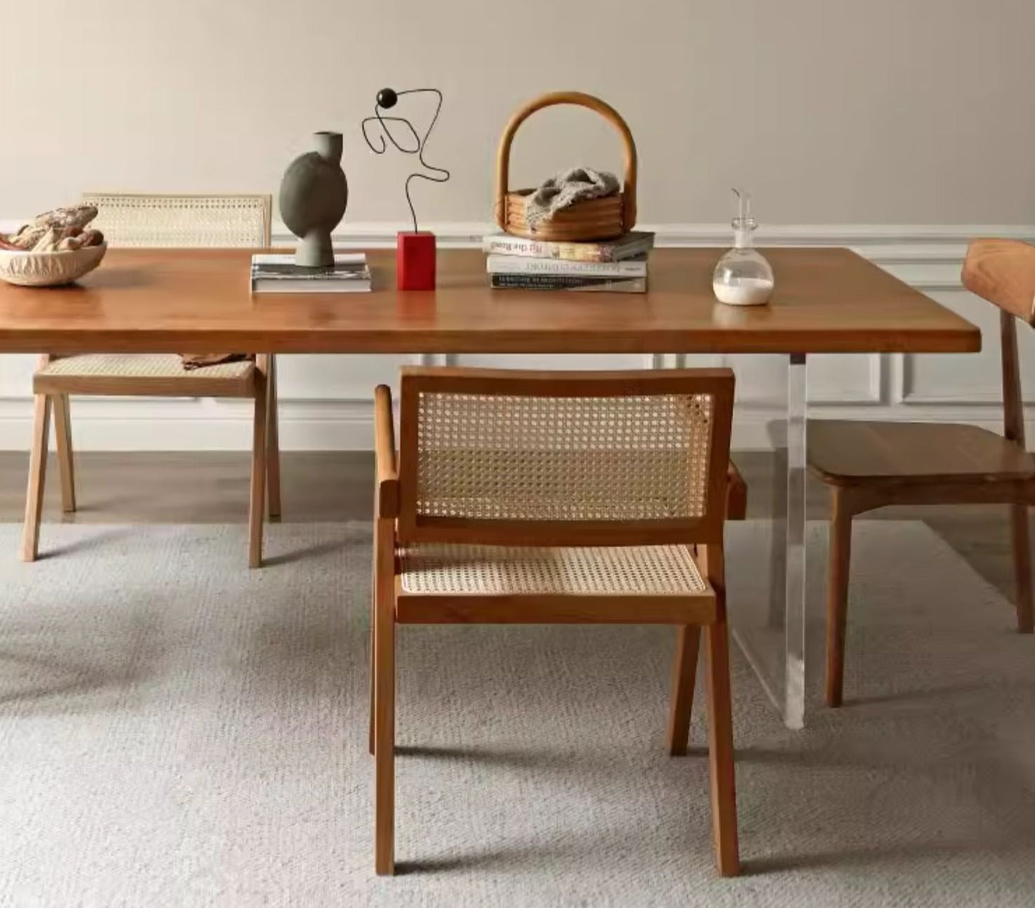 Oak, Cherry Solid Wood Acrylic Suspended Dining Table