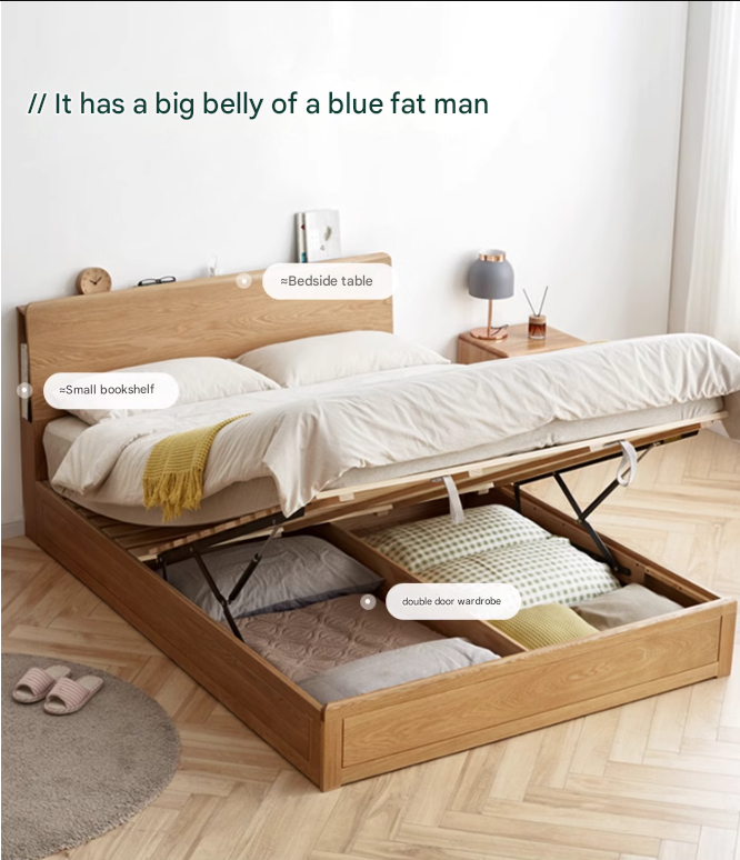 Oak Solid Wood Box Bed with Light And Bookshelf