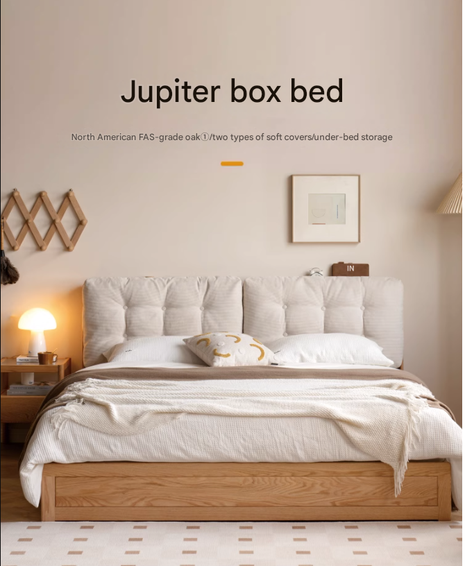 Oak Solid Wood Fabric Box Bed Cream Style
