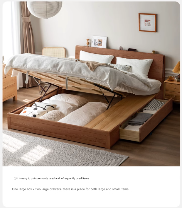 Oak, Rubberwood Solid Wood, Multifunctional Storage Box Bed