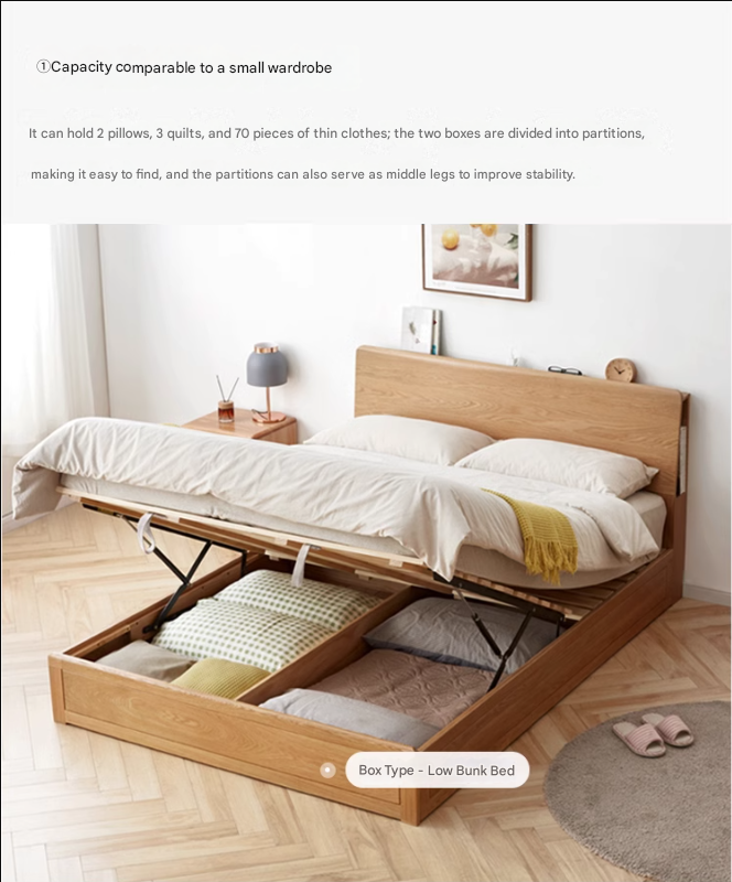 Oak Solid Wood Box Bed with Light And Bookshelf
