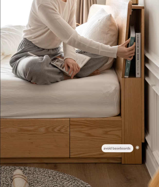 Oak Solid Wood Box Bed with Light And Bookshelf
